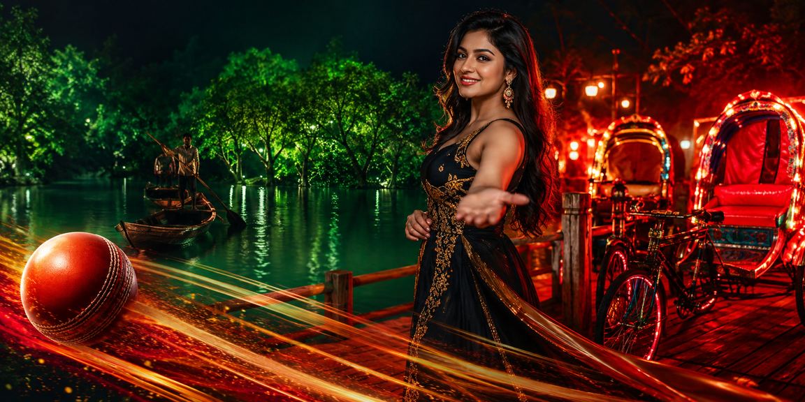 A cricket betting promotion atmosphere in red and green theme in Dhaka